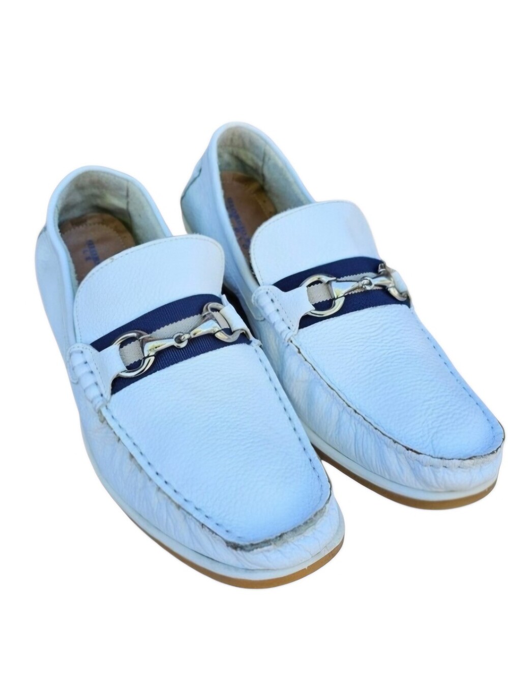 Giorgio Brutini White Loafers with Navy Strap and Gold Bit